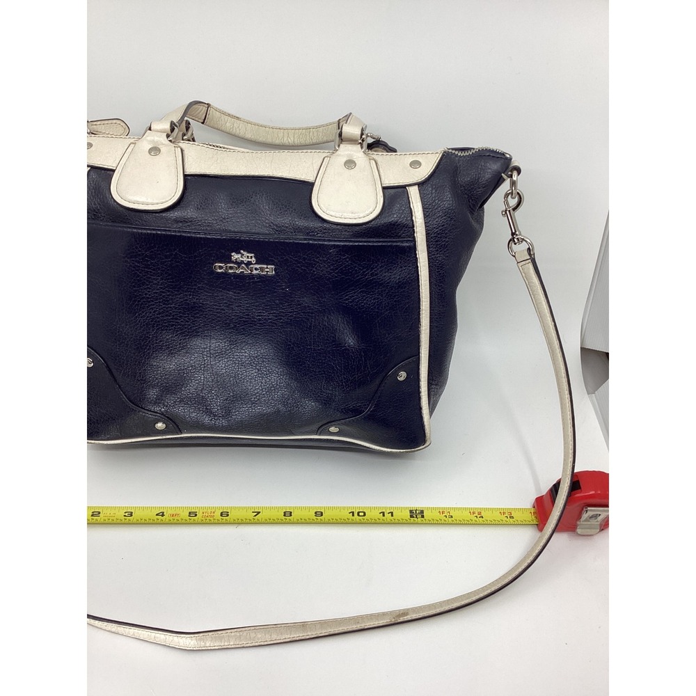 Coach Navy Blue Pebbled Leather Satchel Crossbody Bag White Trim Silver FLAWS - Picture 6 of 11